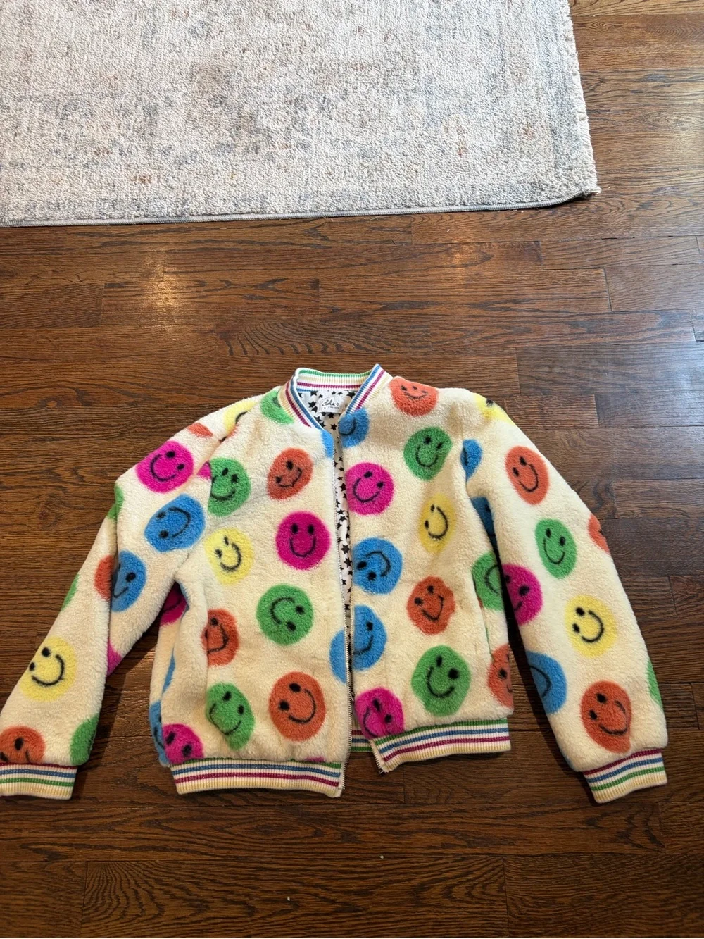 Lola + The Boys Cream Smiley Fleece Bomber Jacket with Multicolor Faces
